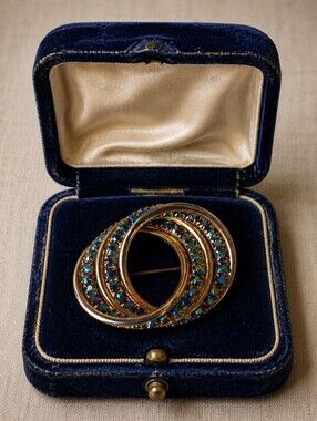 Vintage Gold Tone Blue Aurora Borealis Circular Dual Circle Brooch Pin Unsigned